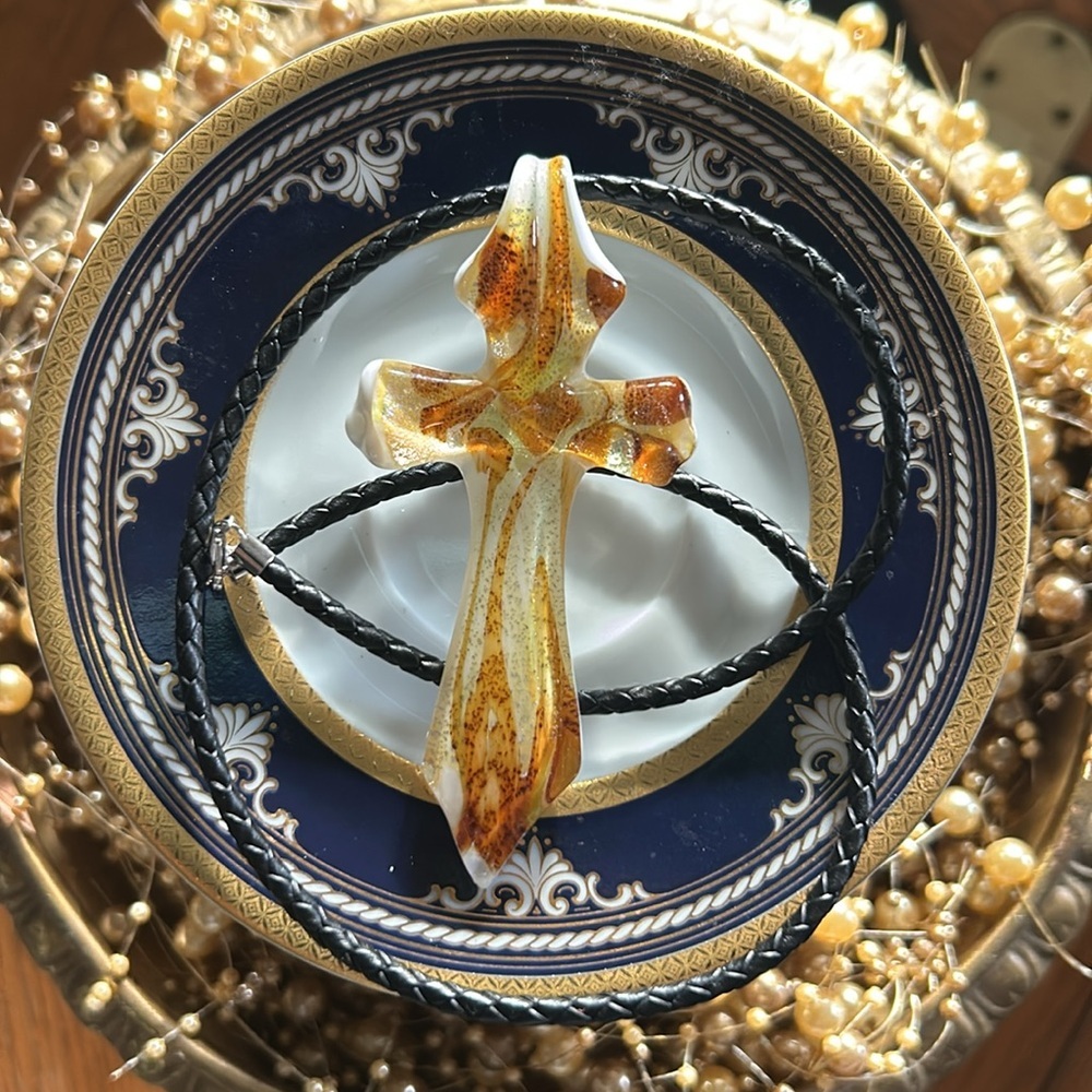 Hand Blown Art Glass Cross Pendant Necklace